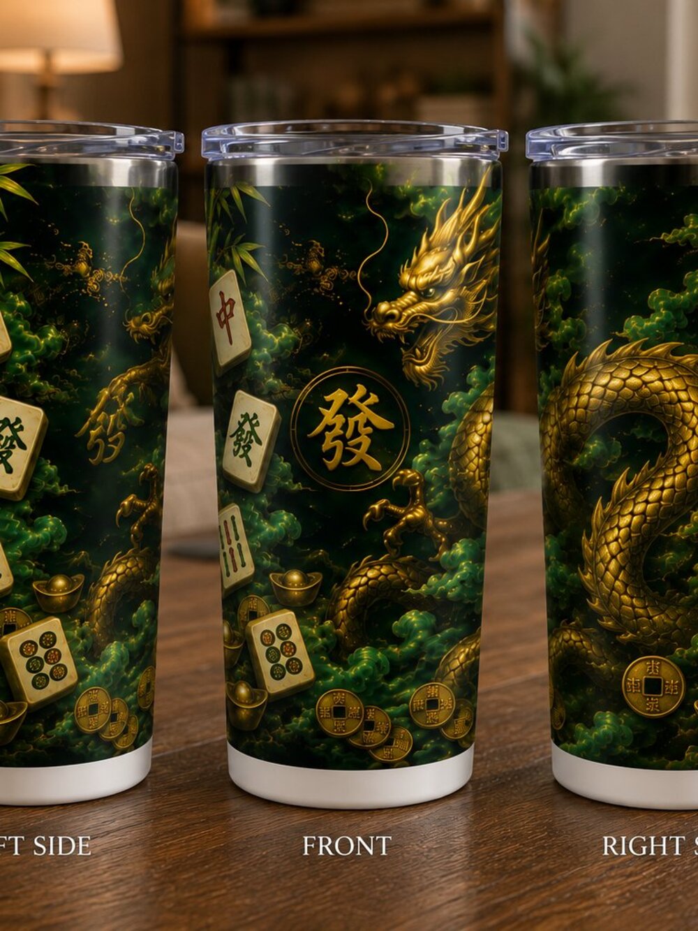 Gold Dragon Mahjong Tumbler 20oz | Mahjong Gift for Her | Jade Green Chinese - Picture 3 of 9